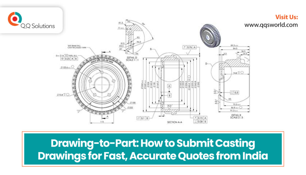 Casting drawing for a brake drum with dimensions and tolerances
