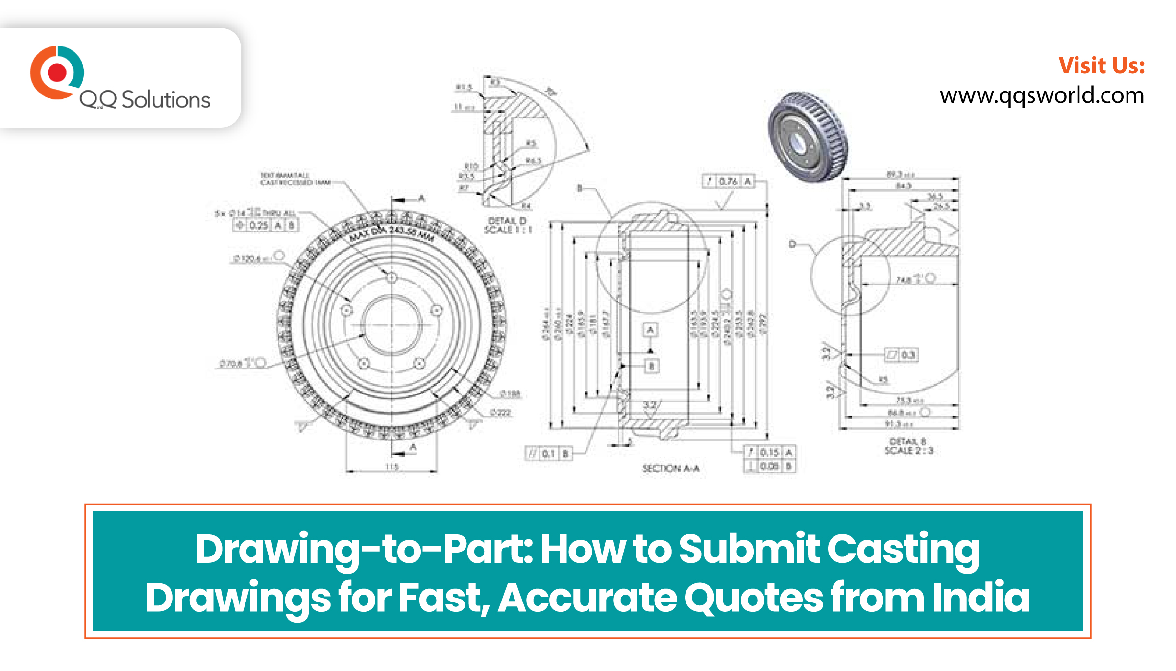 Casting drawing for a brake drum with dimensions and tolerances